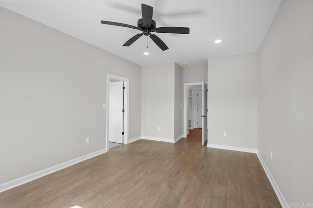 unfurnished bedroom with light wood-type flooring and ceiling fan