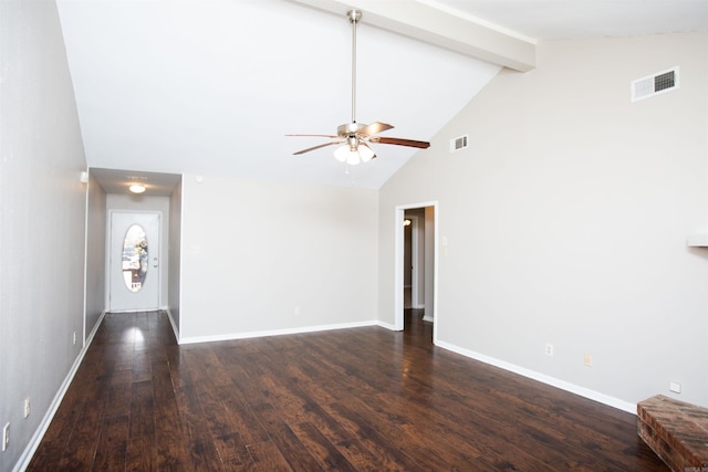 unfurnished living room with dark hardwood / wood-style floors, beam ceiling, high vaulted ceiling, and ceiling fan