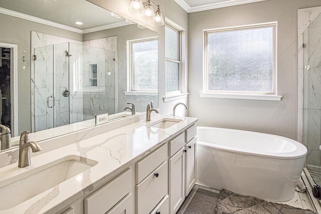 bathroom featuring vanity, separate shower and tub, crown molding, and plenty of natural light