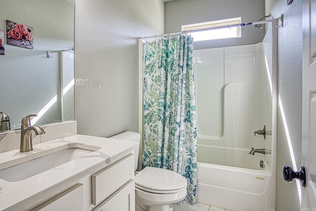 full bathroom featuring shower / bath combination with curtain, toilet, and vanity