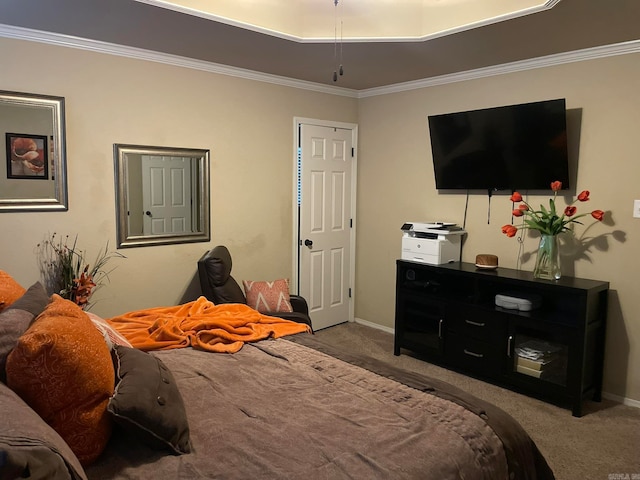 bedroom with crown molding and carpet flooring