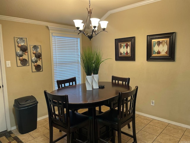 tiled dining area featuring crown molding and a notable chandelier