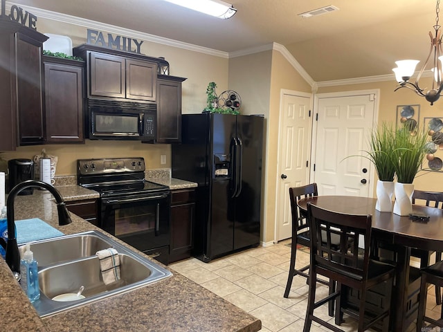 kitchen featuring light tile patterned floors, ornamental molding, black appliances, dark brown cabinetry, and sink