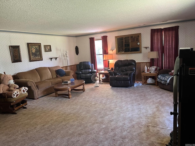 living room with ornamental molding, a textured ceiling, and carpet flooring