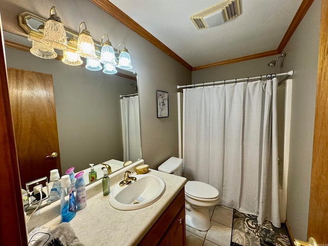 bathroom with vanity, toilet, crown molding, and tile patterned flooring