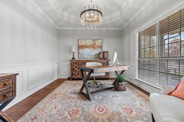 home office with a notable chandelier, ornamental molding, a raised ceiling, and dark hardwood / wood-style flooring