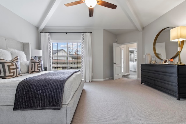 bedroom with ceiling fan, lofted ceiling with beams, and carpet flooring