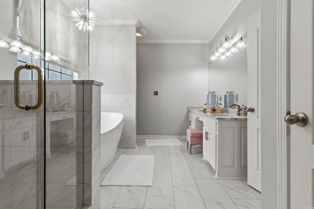 bathroom with vanity, ornamental molding, and plus walk in shower