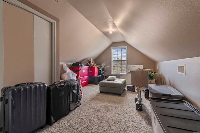 bonus room featuring carpet floors, a textured ceiling, radiator heating unit, and vaulted ceiling