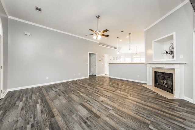 18 Emma Dr, Cabot, AR 72023 - unfurnished living room with ceiling fan, ornamental molding, dark wood finished floors, a fireplace, and baseboards
