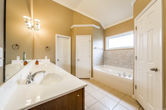 18 Emma Dr, Cabot, AR 72023 - full bathroom with ornamental molding, vaulted ceiling, tile patterned flooring, a bath, and double vanity