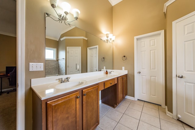 18 Emma Dr, Cabot, AR 72023 - bathroom with ornamental molding, lofted ceiling, tile patterned floors, double vanity, and a chandelier