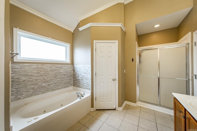 18 Emma Dr, Cabot, AR 72023 - full bath featuring ornamental molding, tile patterned floors, vanity, a stall shower, and a jetted tub