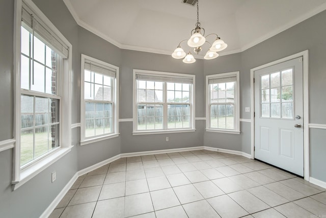 18 Emma Dr, Cabot, AR 72023 - unfurnished dining area with a chandelier, light tile patterned floors, crown molding, and baseboards