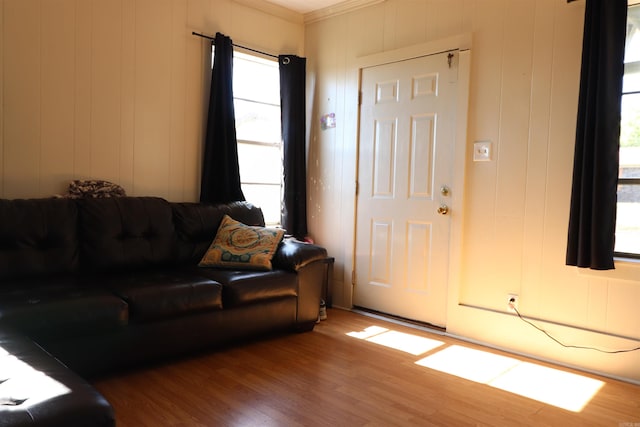 living room featuring hardwood / wood-style floors and crown molding