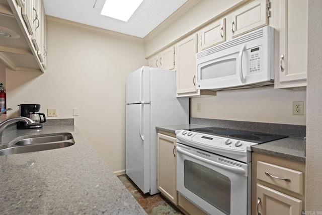 kitchen featuring crown molding, sink, and white appliances