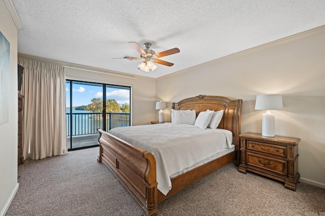 carpeted bedroom with a textured ceiling, crown molding, access to exterior, and ceiling fan