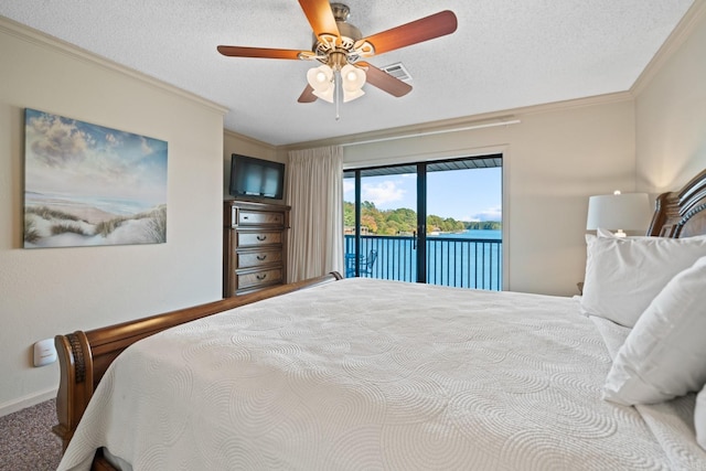 carpeted bedroom with ceiling fan, crown molding, a textured ceiling, and access to exterior