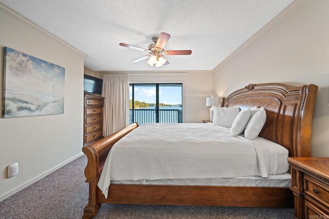 carpeted bedroom with crown molding, a textured ceiling, access to exterior, and ceiling fan