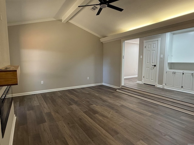 empty room featuring vaulted ceiling with beams, ornamental molding, dark hardwood / wood-style floors, and ceiling fan