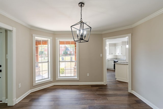 unfurnished dining area featuring ornamental molding, a chandelier, and dark hardwood / wood-style floors