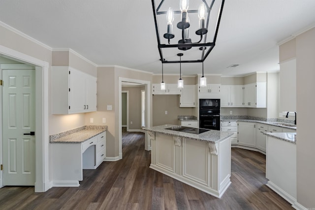 kitchen featuring white cabinetry, light stone countertops, black appliances, dark wood-type flooring, and sink