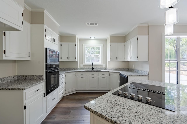 kitchen featuring dark wood-type flooring, white cabinetry, light stone counters, and black appliances