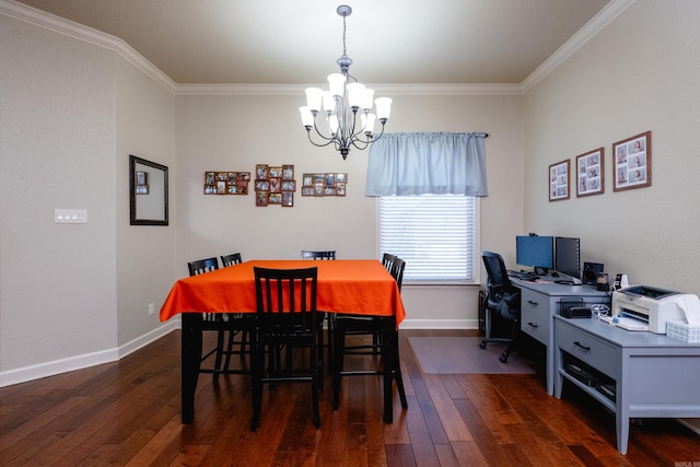 dining space with crown molding, a chandelier, and dark wood-type flooring