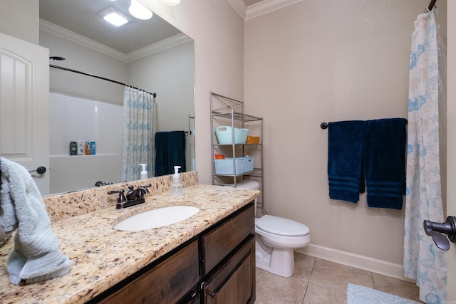 bathroom featuring tile patterned floors, toilet, crown molding, curtained shower, and vanity