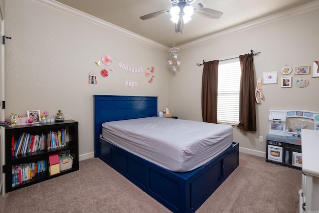 bedroom featuring ceiling fan, light carpet, and crown molding