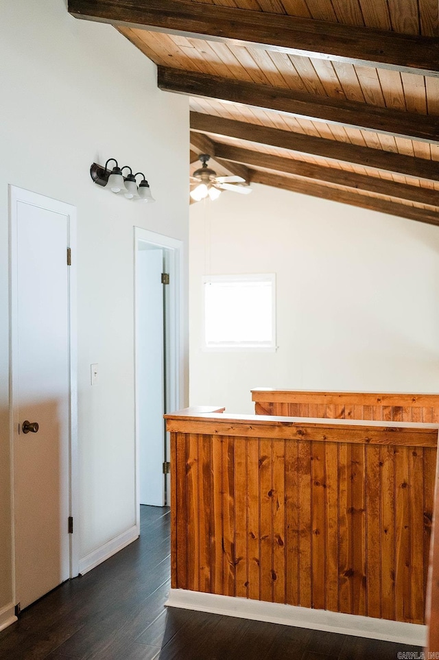 hall with wood ceiling, lofted ceiling with beams, and dark hardwood / wood-style flooring