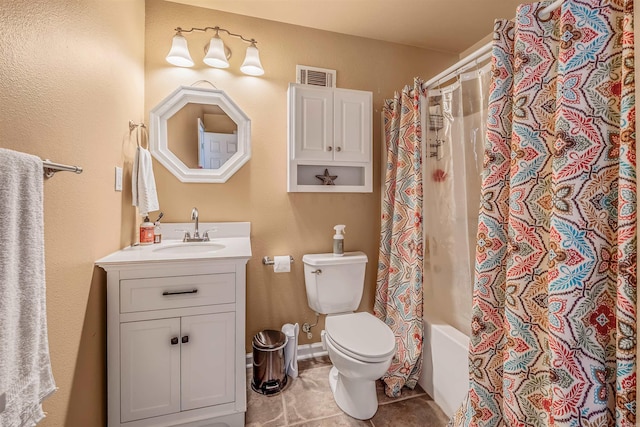 full bathroom with vanity, shower / bath combo, toilet, and tile patterned flooring