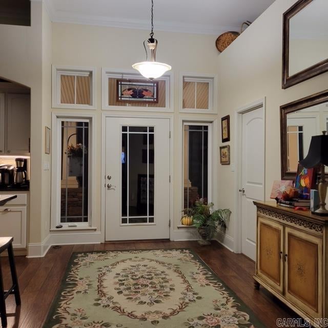 doorway with ornamental molding and dark hardwood / wood-style floors