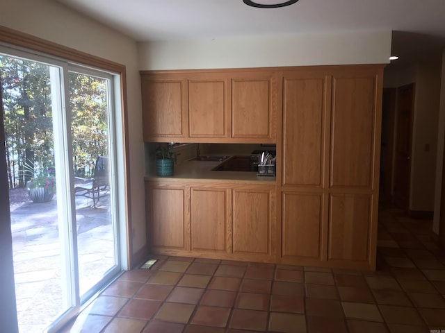 kitchen featuring dark tile patterned floors