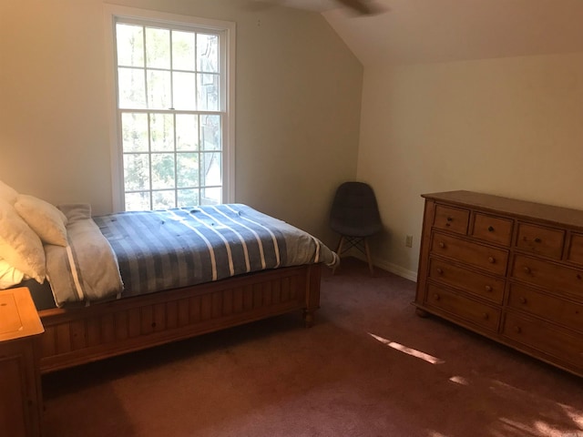 bedroom featuring dark carpet and vaulted ceiling