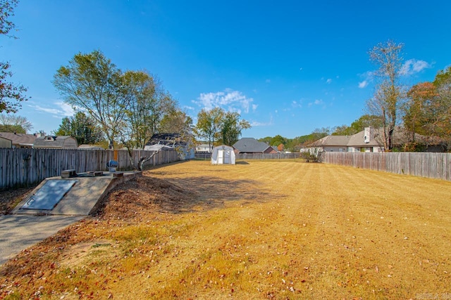 view of yard featuring a storage unit