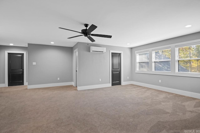 carpeted empty room with ceiling fan and an AC wall unit