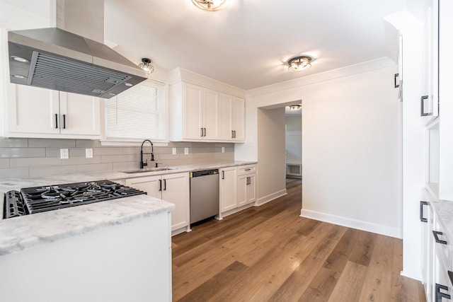 kitchen featuring island exhaust hood, white cabinets, stainless steel appliances, and sink