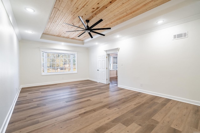 spare room featuring wood ceiling, a tray ceiling, wood-type flooring, and ceiling fan