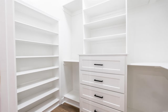 walk in closet with dark wood-type flooring