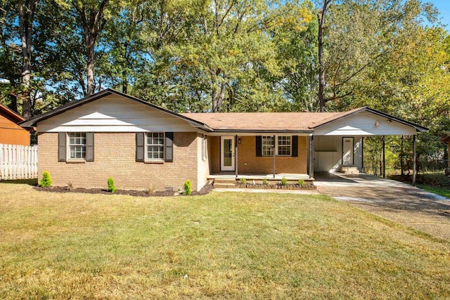 ranch-style home with a carport and a front yard