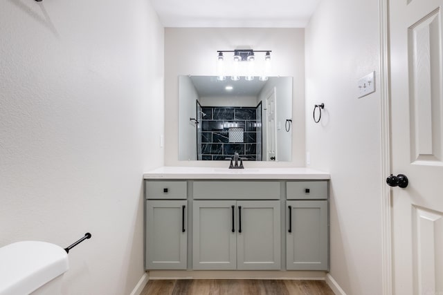 bathroom with vanity, wood-type flooring, and toilet