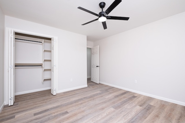 unfurnished bedroom with a closet, ceiling fan, and light hardwood / wood-style floors