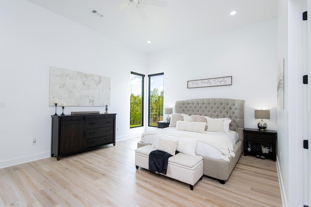 bedroom featuring light wood-type flooring and ceiling fan