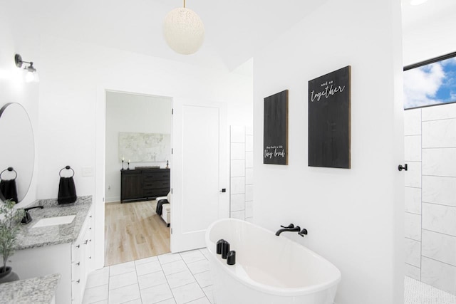 bathroom with vanity, wood-type flooring, and a bathing tub