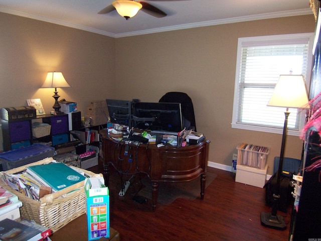 home office with ornamental molding, dark hardwood / wood-style floors, and ceiling fan