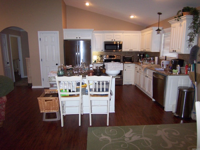 kitchen with appliances with stainless steel finishes, vaulted ceiling, pendant lighting, and dark hardwood / wood-style flooring