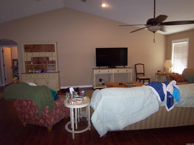 bedroom featuring lofted ceiling, hardwood / wood-style floors, and ceiling fan