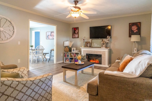 living room with crown molding, light hardwood / wood-style flooring, and ceiling fan