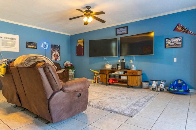 tiled living room featuring ornamental molding, a wall mounted AC, and ceiling fan